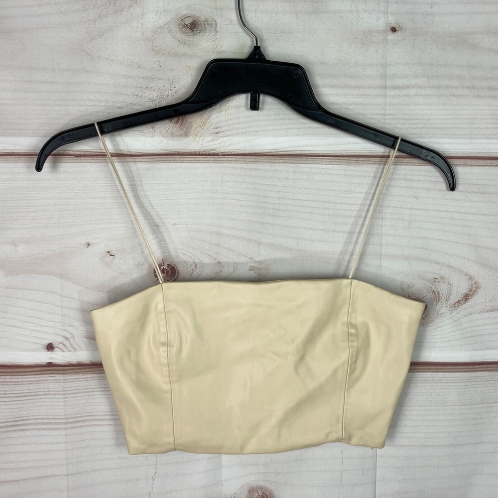 Zara Top Womens XS Beige Faux Leather Crop Cami Spaghetti Solid Side Zipper